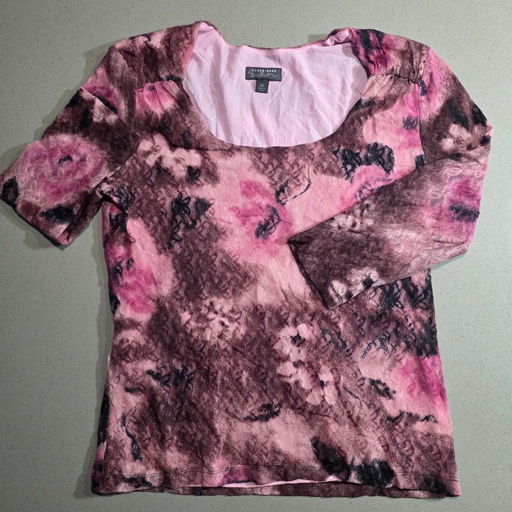 Classiques Entier Pink Purple Abstract Floral Mesh Scoop Neck Top XL Made in USA
